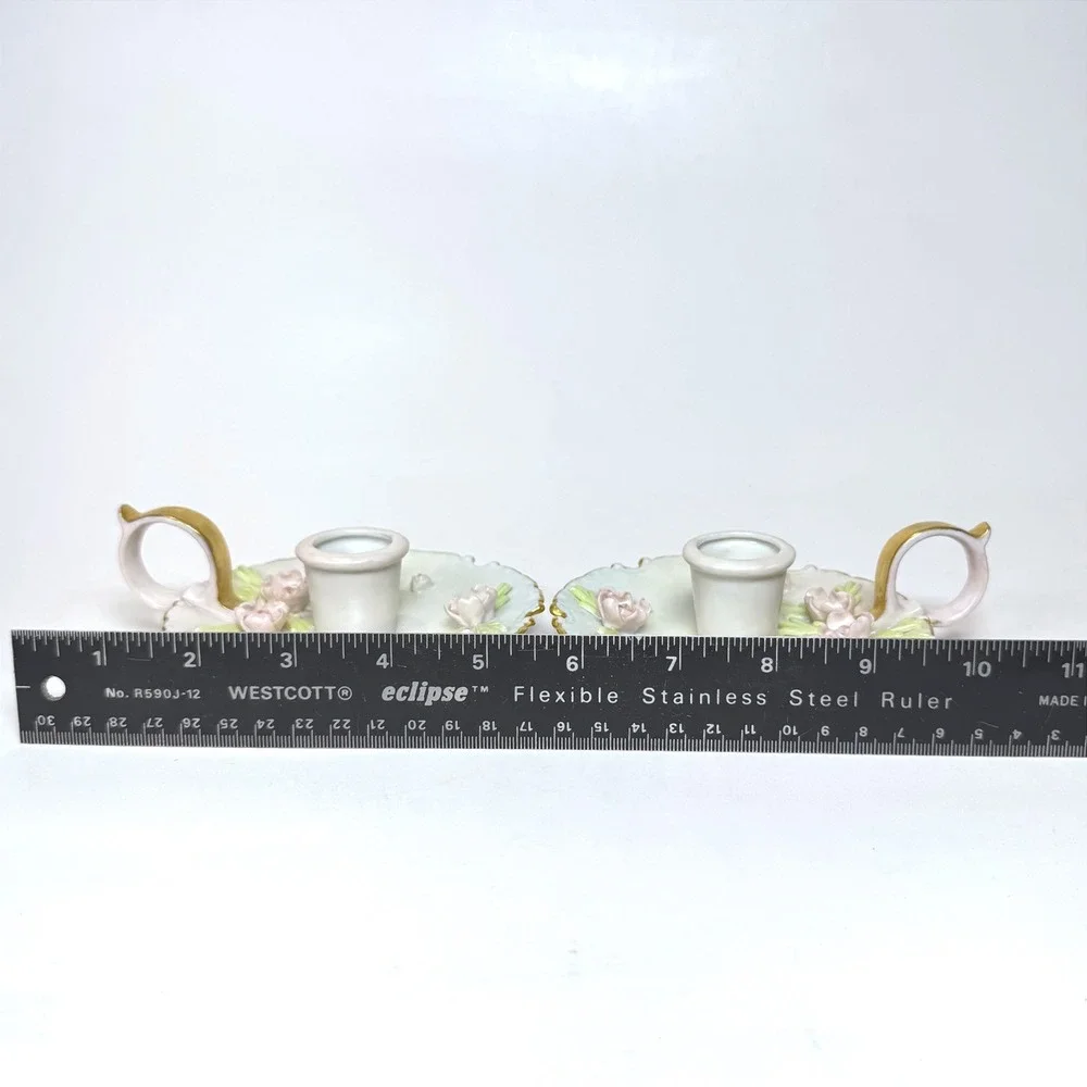 Vintage Lefton Porcelain Pink Rose Chamberstick Candle Holder Pair Gold Trim
